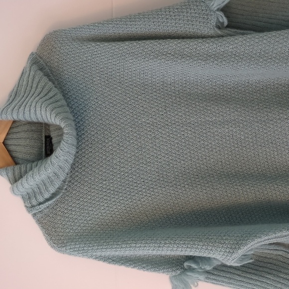 Made in Italy Turtleneck Mohair Wool Mix Seafoam Blue Boho Pullover Poncho Sz L - Picture 2 of 7